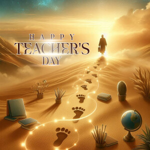A digital illustration depicting a person walking towards the sunset with footprints forming a path, surrounded by educational items.