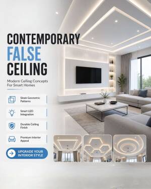 Modern living room featuring contemporary false ceiling designs with LED lighting, sleek geometric patterns, and luxury interior decor.