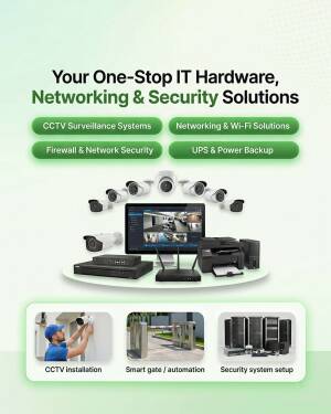 Various IT hardware, networking equipment, CCTV cameras, and security solutions displayed on a light green background.