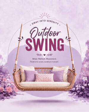 A beautiful wicker patio swing bench with purple and white cushions set against a soft lavender floral background.