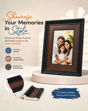 A premium black and brown photo frame displaying a smiling family photo on a minimalist platform.