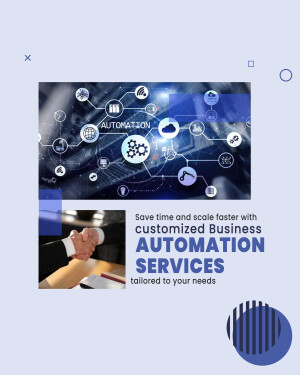 Image depicting business automation with icons, a handshake, and text promoting automation services.
