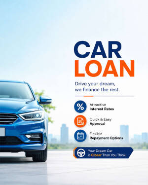 A blue sedan car parked in front of a city skyline with text promoting car loan services