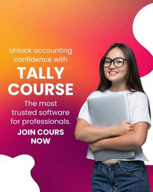 Woman with laptop promoting Tally accounting course