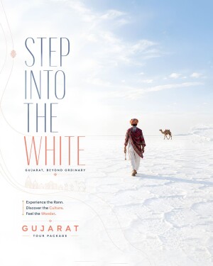 A traveler walking through the vast white salt flats of the Rann of Kutch, Gujarat, under a bright blue sky.