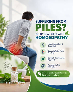 A man in pain sitting, promoting natural homoeopathic relief for piles with medicinal pills.