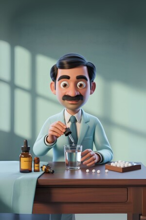 3D rendering of a cartoon doctor holding a dropper over a glass of water with medicine bottles and pills.
