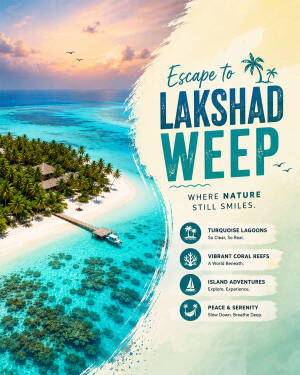 A beautiful tropical travel advertisement for Lakshadweep featuring a turquoise lagoon, palm trees, and a wooden jetty at sunset.