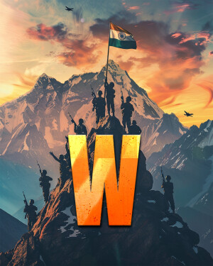 Indian soldiers with the national flag in front of a mountain range and a large letter 'W'