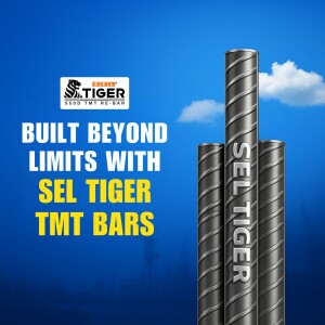Image of Sel Tiger TMT steel bars with branding and tagline.