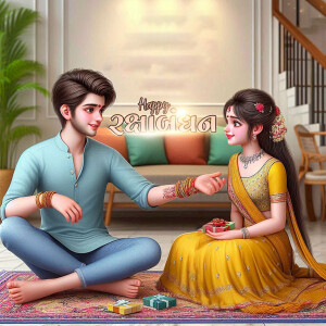A digital illustration of a brother and sister celebrating Raksha Bandhan.