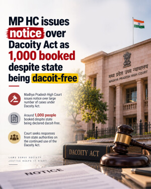 An informational graphic detailing that the Madhya Pradesh High Court has issued a notice regarding the misuse of the Dacoity Act despite the state being dacoit-free.