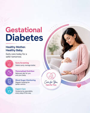 A pregnant woman smiling, accompanied by a Gestational Diabetes health awareness infographic
