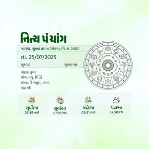Gujarati Panchang for July 25, 2025 showing astrological details and weather information