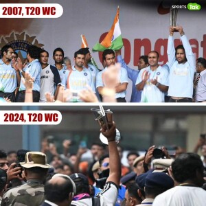 Indian cricket team celebrating T20 World Cup wins in 2007 and 2024