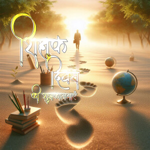 A surreal image depicting a person walking towards the light with educational objects scattered around.