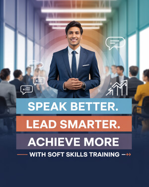 Professional man in a suit promoting soft skills training with a blurred background of a seminar.