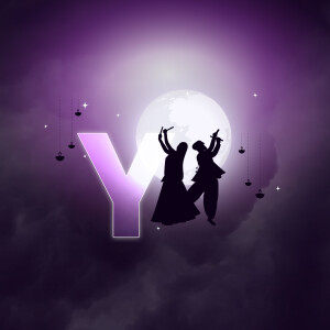 Silhouette of dancers with a large letter Y and a full moon background