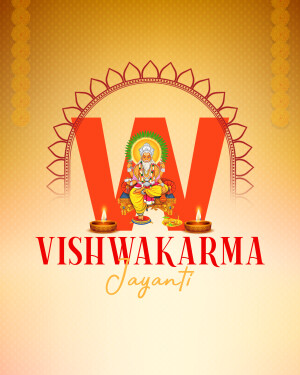 Vishwakarma Jayanti festive graphic with Lord Vishwakarma and floral decorations