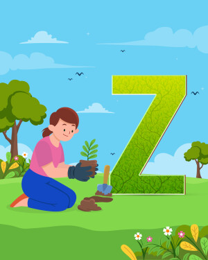 Illustration of a girl planting a seedling in front of a large letter Z made of leaves.