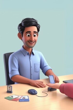 3D rendering of a friendly male customer service representative assisting a customer.