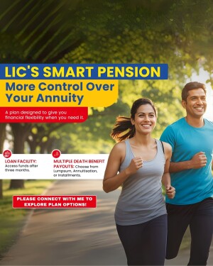 Image of a couple jogging with text promoting LIC's Smart Pension plan.