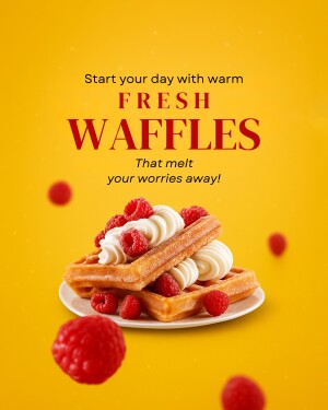 A stack of waffles with raspberries and whipped cream on a yellow background.