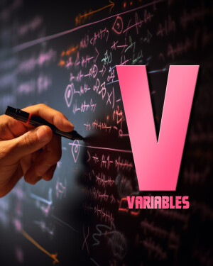 Hand writing on a chalkboard with mathematical equations and a large pink letter V