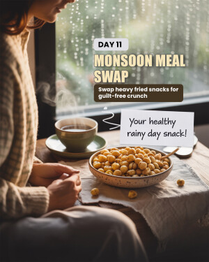 Woman enjoying a healthy snack of roasted chickpeas and tea during a rainy day.