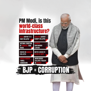 Image depicting PM Modi with text highlighting concerns about infrastructure and corruption.