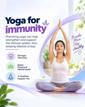 A woman practicing yoga in a lotus position with the text 'Yoga for Immunity' and health benefits listed alongside.