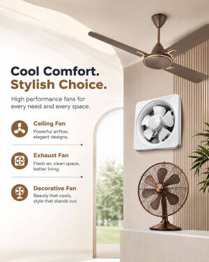 A collection of ceiling, exhaust, and decorative table fans displayed in a modern interior setting.