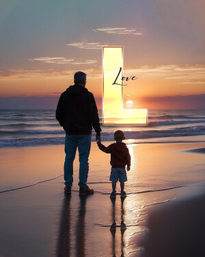 Father and son silhouetted against a sunset with a glowing 'L' shape