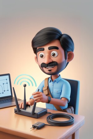 3D rendering of a cartoon man with a router and laptop