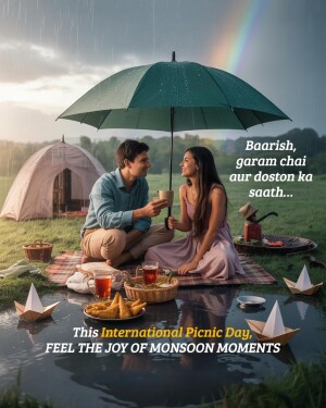 Couple enjoying tea under an umbrella during a rainy picnic.