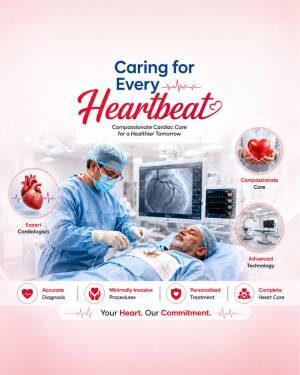 A surgeon performing a cardiac procedure in a modern hospital setting with diagnostic icons.