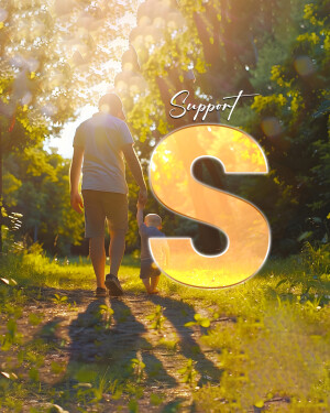 Father walking with his young son on a path with a large letter 'S' overlaid.