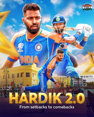 Poster featuring Indian cricketer Hardik Pandya with Virat Kohli and a dynamic action shot.