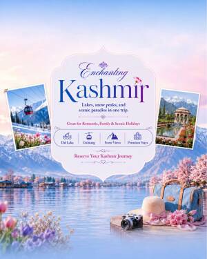A scenic advertisement for a travel package to Kashmir featuring a lake, snow-capped mountains, a camera, a hat, and cherry blossoms.