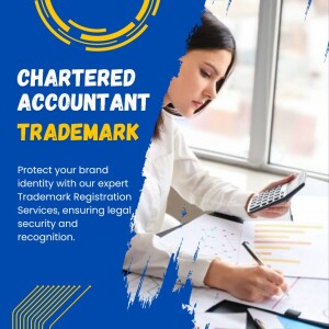 Woman working with calculator and papers, promoting trademark registration services for Chartered Accountants.