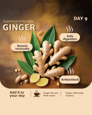 Close-up of fresh ginger root with leaves and steam, highlighting its health benefits.