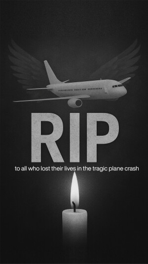 Black and white image depicting a plane with wings resembling angel wings, a RIP message, and a lit candle.