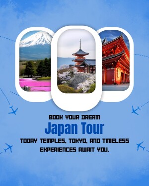 Promotional image for a Japan tour featuring Mount Fuji, a temple, and traditional Japanese architecture.