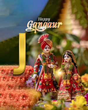 Image of a Gangaur celebration with a decorated idol of a couple and the letter 'J'