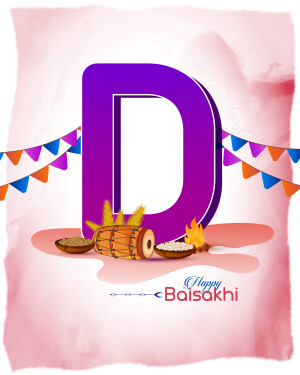Letter D with Baisakhi decorations including flags, traditional drum, and sweets.