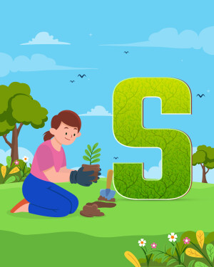 Illustration of a girl planting a seedling with a large letter 'S' made of leaves in the background.