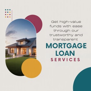 Image promoting mortgage loan services with a house and text overlay.