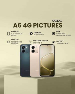 Oppo A6 4G smartphone in dark blue and gold colors with technical specifications listed above
