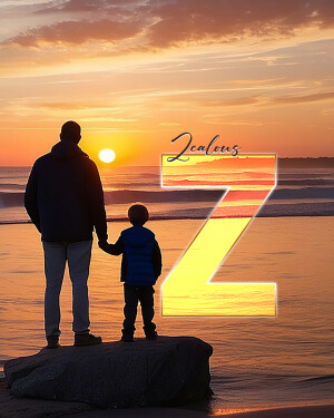 Silhouette of a father and son holding hands watching a sunset with the word 'Jealous' in large yellow letters.