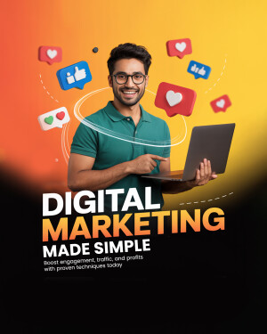 Man with laptop surrounded by social media icons, promoting digital marketing services.
